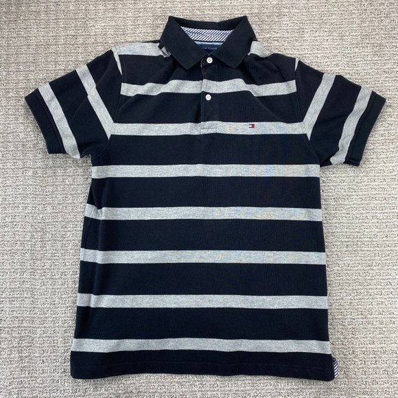 Tommy Hilfiger Polo Shirt Men Medium M Black Gray Stripe Casual Golf Embroidered - Picture 1 of 8